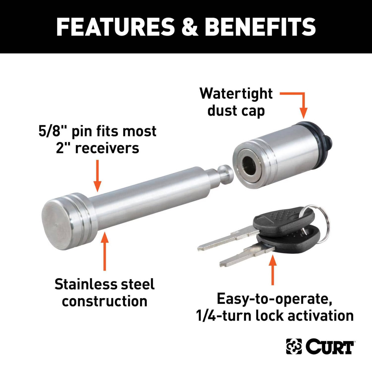 CURT HITCH LOCK
CHROME-PLATED LOCKING CLASS 3/4
FITS 2-INCH RECEIVERS