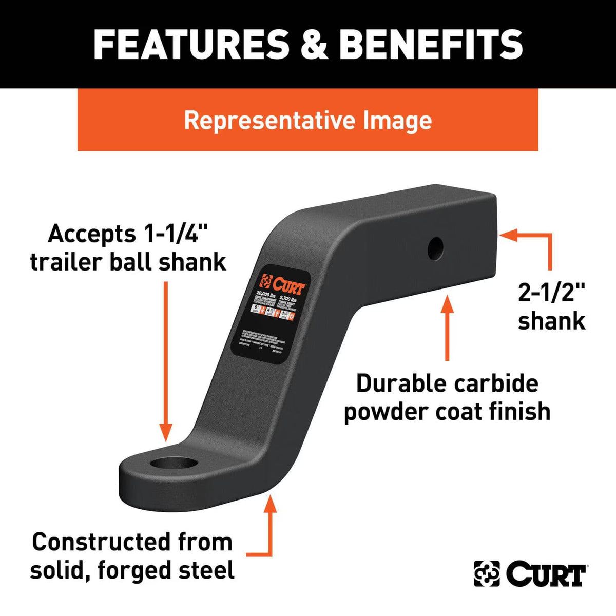 CURT CLASS 5 2-1/2 INCH FIXED BALL MOUNT WITH 2-INCH DROP/ 1/2 INCH RISE & 1-1/4 BALL HOLE